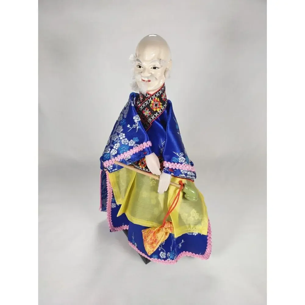 Vintage Hand Glove Puppet Male Figure In Blue With Stand